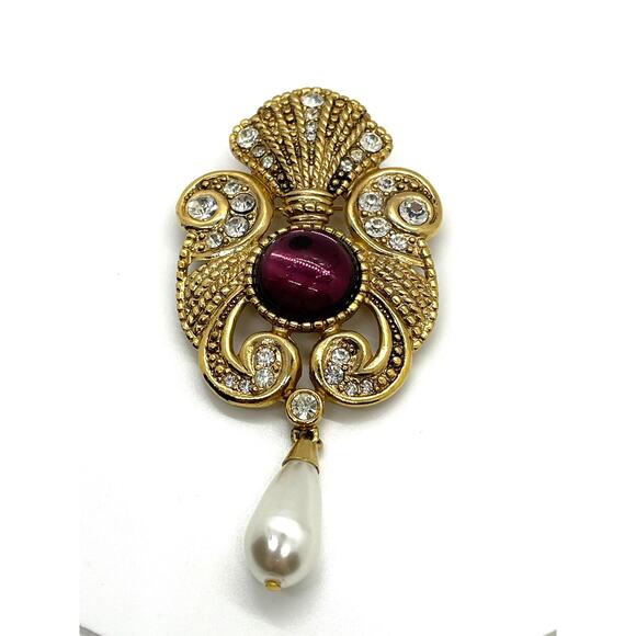 JEFF LIEB Faux Amethyst Dangle Brooch - Picture 1 of 5